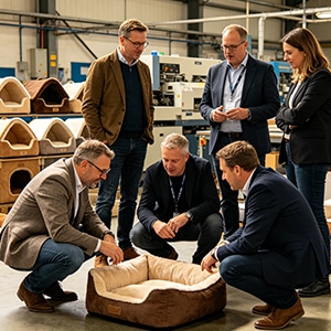 Clients visit dog bed factory