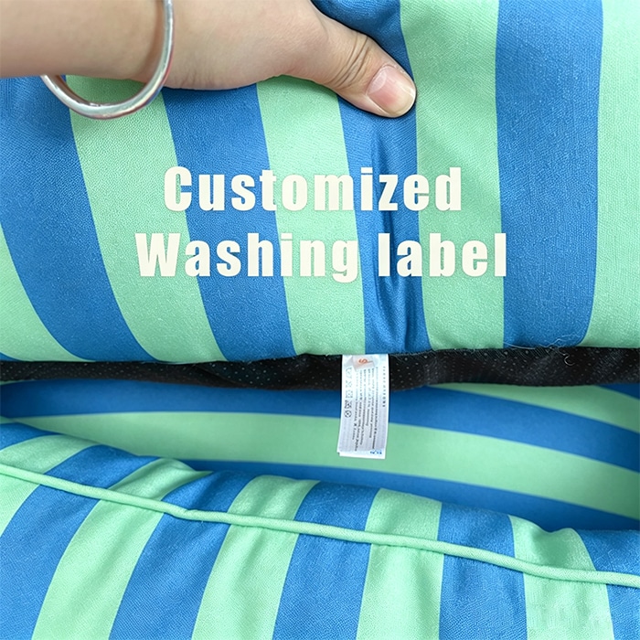 Eco-friendly dog kennel in light green and sky blue stripes with custom wash care label and anti-slip bottom