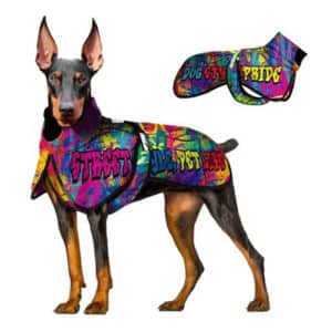 Graffiti print dog winter jacket worn left side view