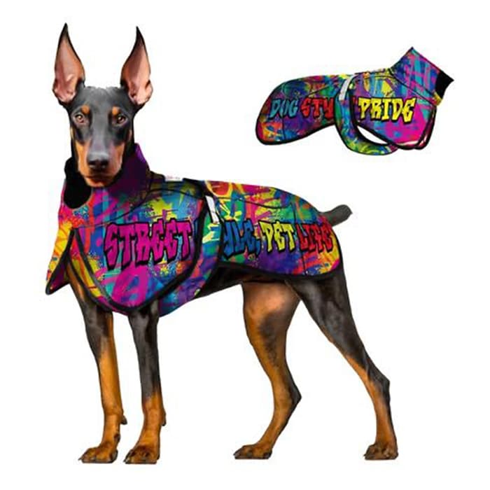 Graffiti print dog winter jacket worn left side view
