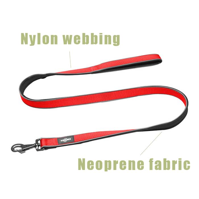 Red nylon front black neoprene back reflective rolled-edge dog leash