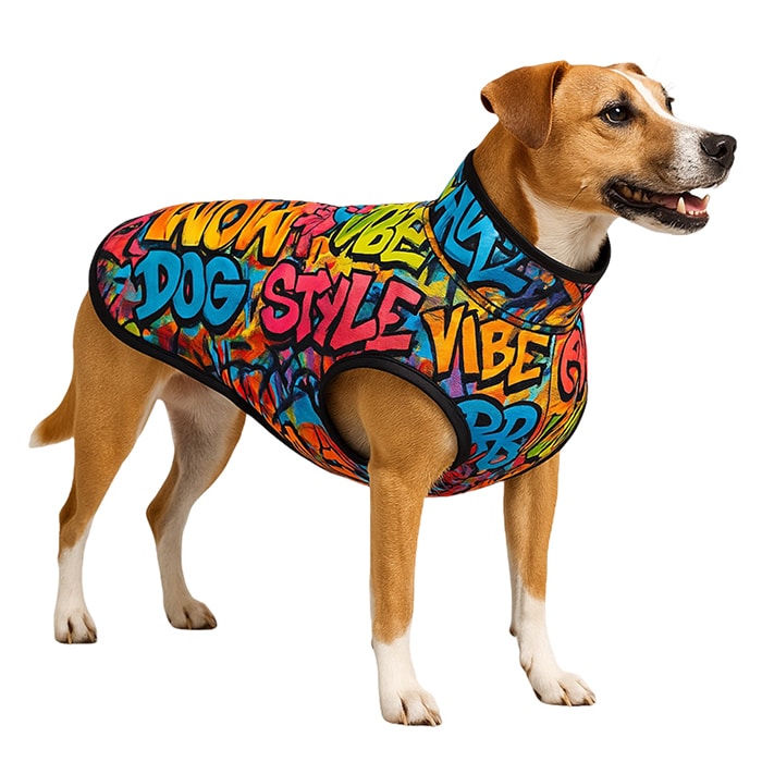 Sleeveless graffiti print dog jacket similar style view