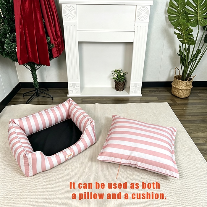 Pink and white striped pattern pet bed with 2-in-1 cushion and pillow function