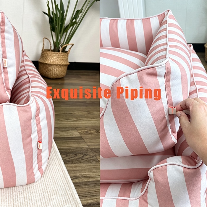 Close-up of pink and white striped pattern pet bed showing fine piping edge stitching